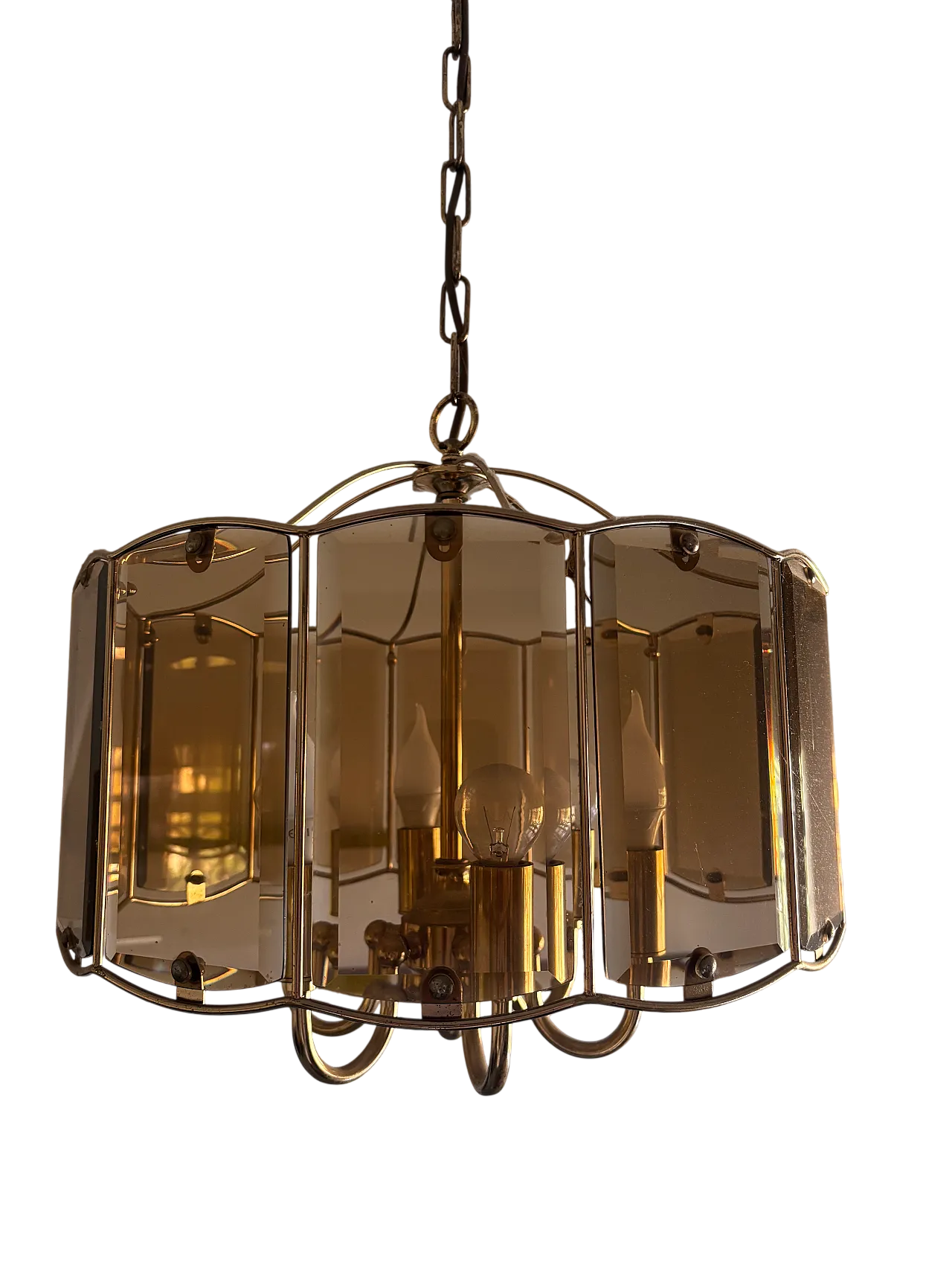 Mid-Century chandelier in brass and smoke glass, 50s 12