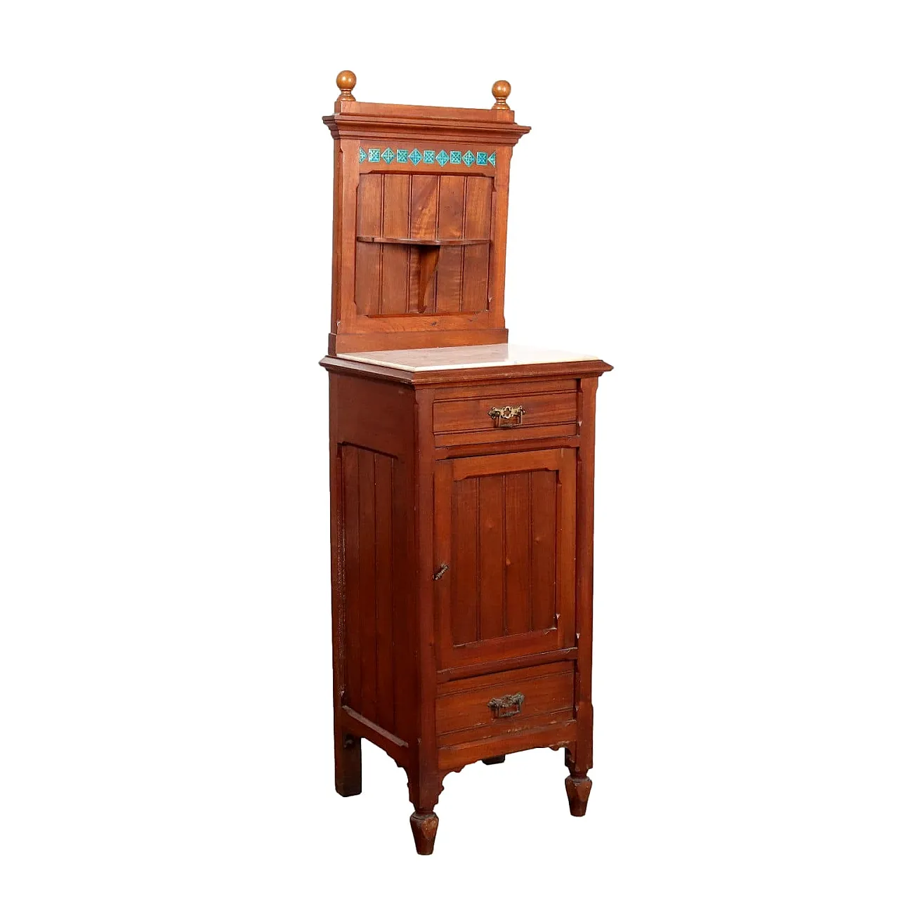 Comodino liberty in legno con inserti in ceramica, '900 1