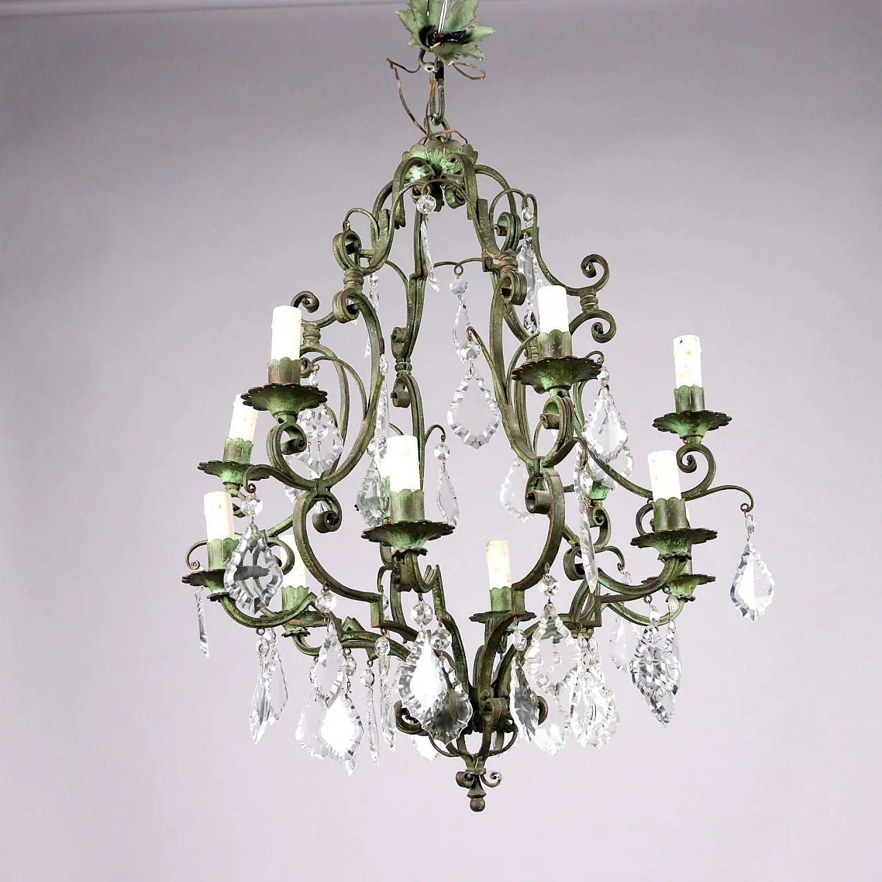 12-Light wrought iron chandelier and glass pendants 7