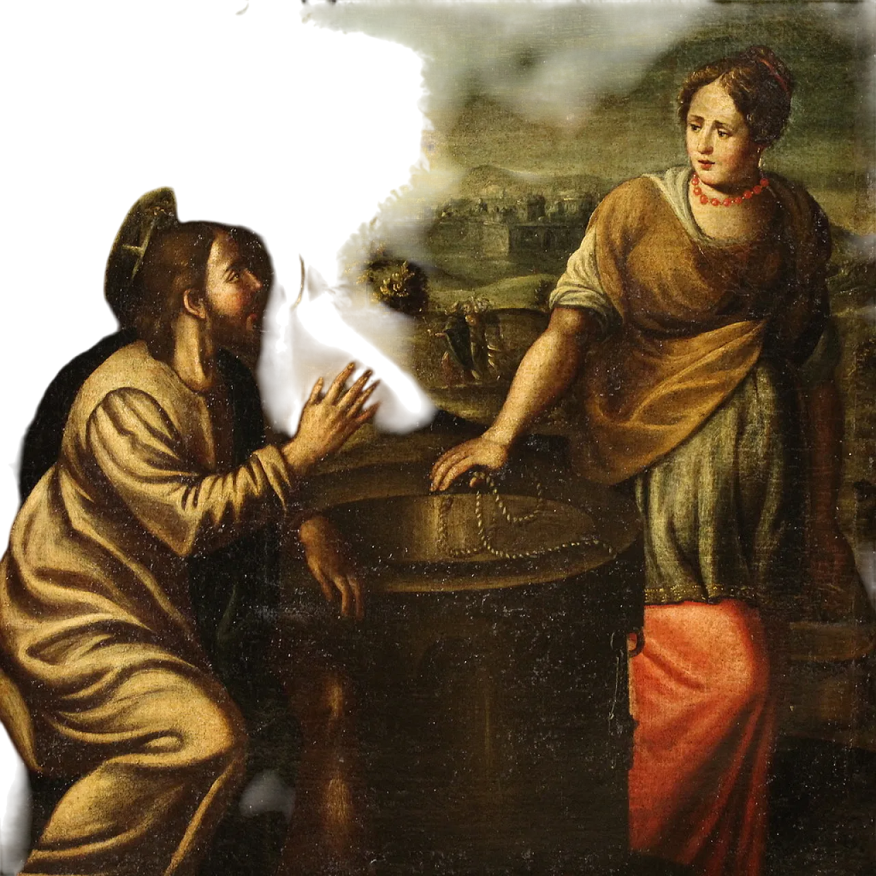Dipinto italiano Cristo e la Samaritana al pozzo, '600 16