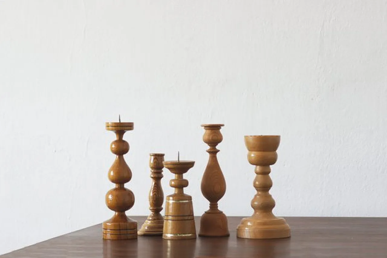 5 Wooden candleholders, 1970s 1