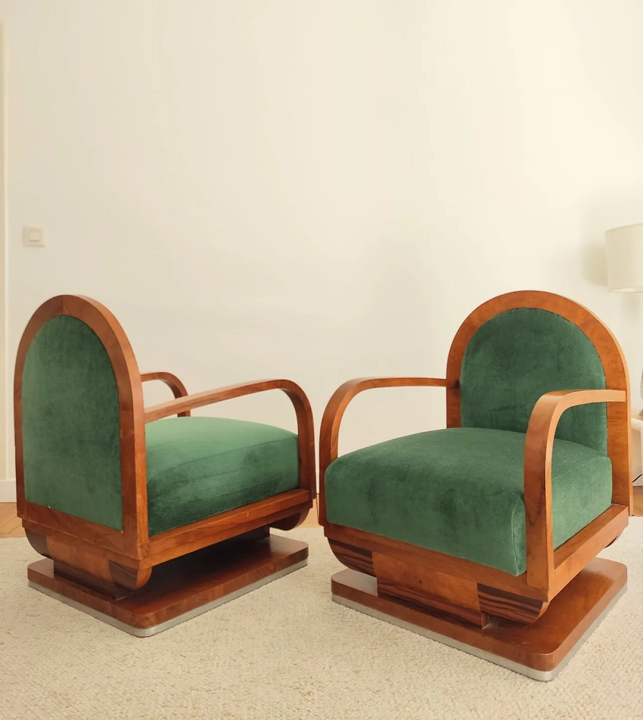 Pair of Art Deco armchairs in wood and mohair velvet, 1940s 1