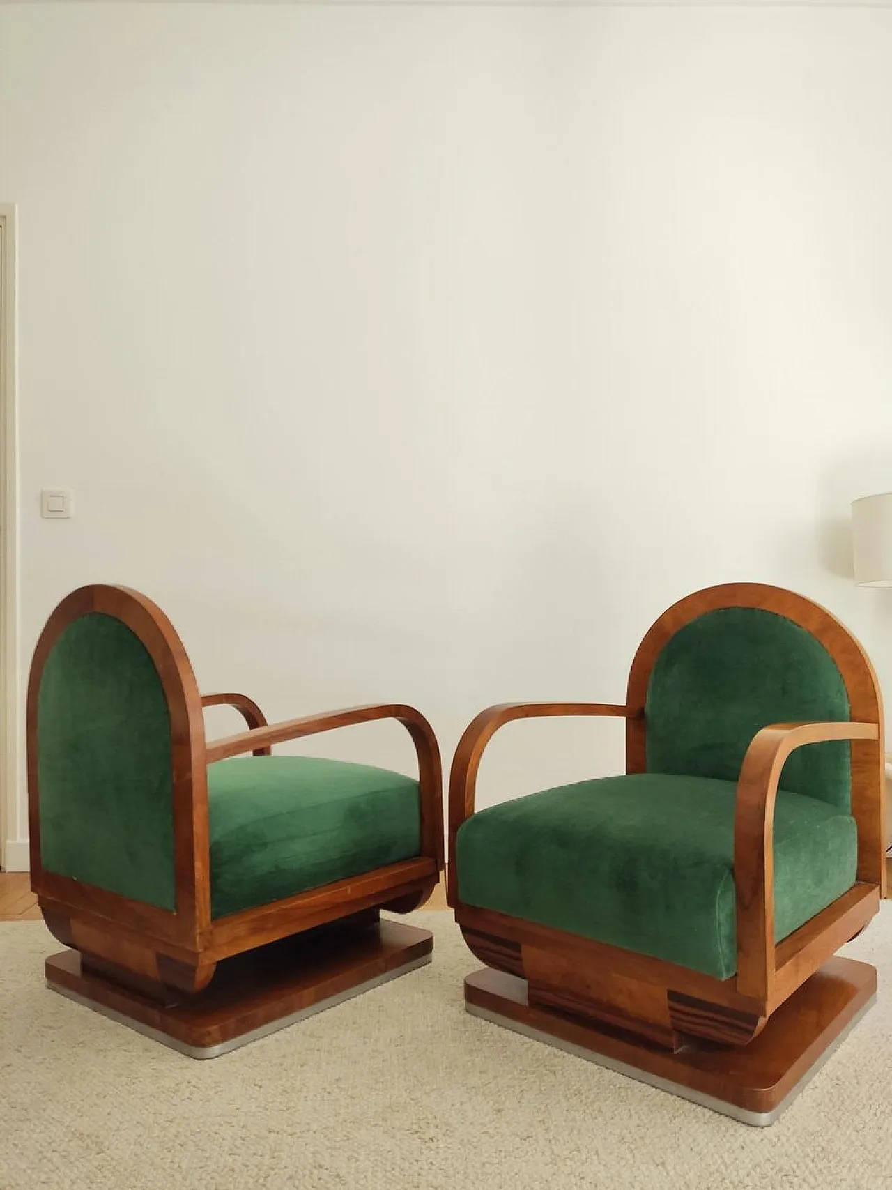 Pair of Art Deco armchairs in wood and mohair velvet, 1940s 8