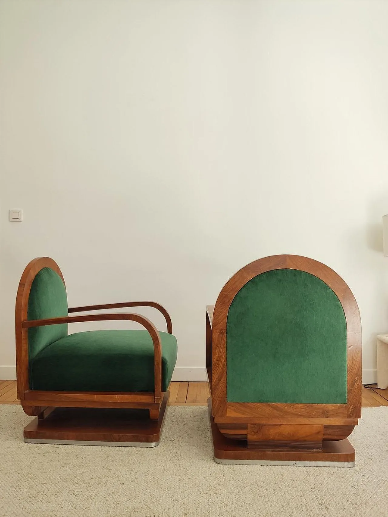 Pair of Art Deco armchairs in wood and mohair velvet, 1940s 9