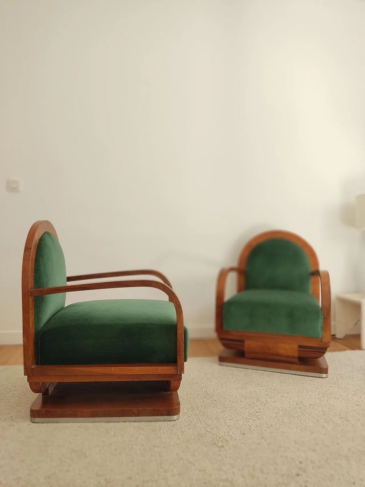 Pair of Art Deco armchairs in wood and mohair velvet, 1940s 10