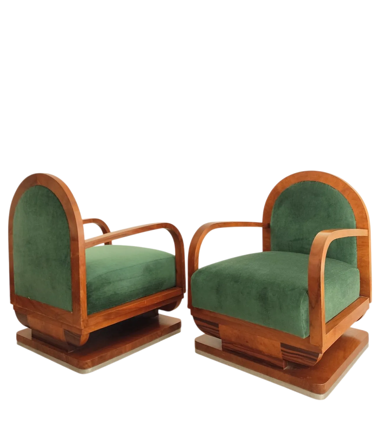 Pair of Art Deco armchairs in wood and mohair velvet, 1940s 11