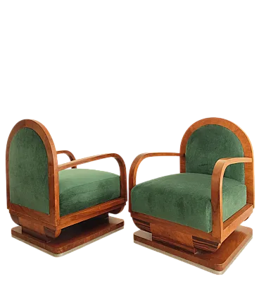 Pair of Art Deco armchairs in wood and mohair velvet, 1940s