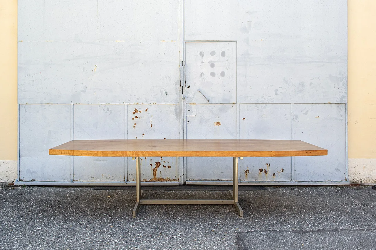 Tavolo da riunione grande in acciaio nichelato e legno, anni '60 2