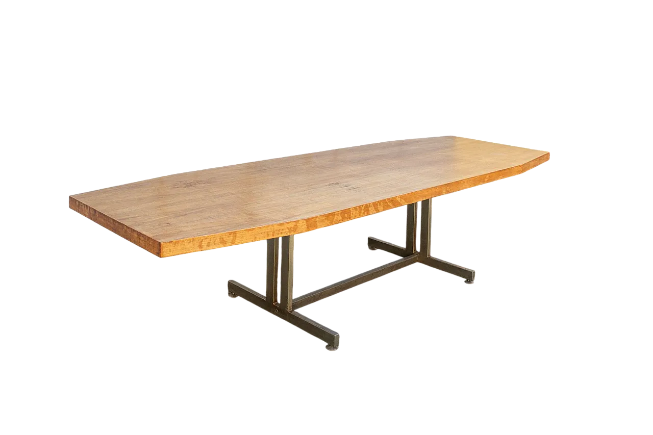 Tavolo da riunione grande in acciaio nichelato e legno, anni '60 6
