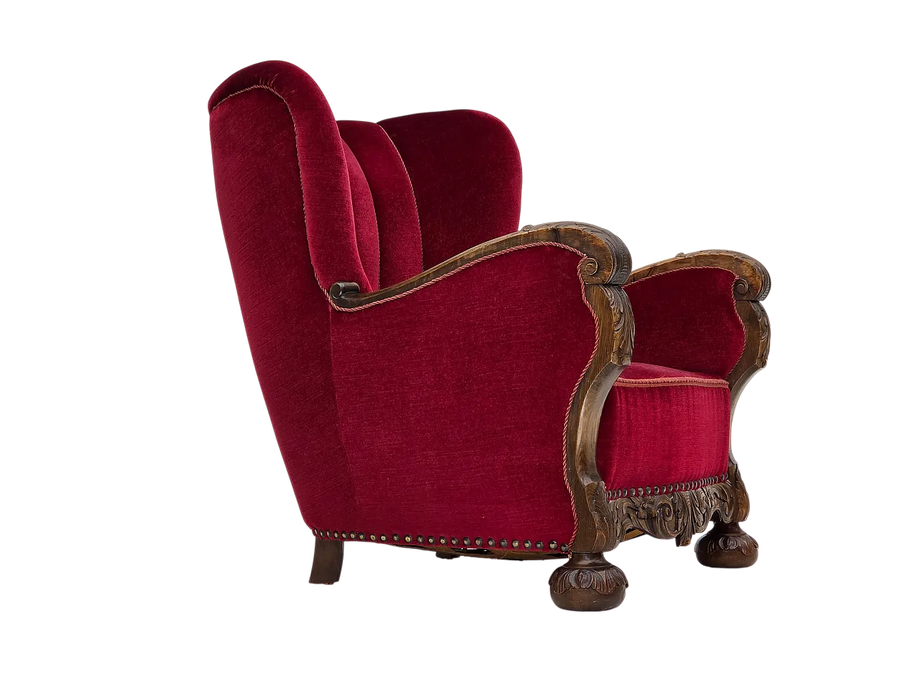 Danish relax chair, cherry-red velour, oak wood, 1960s 23