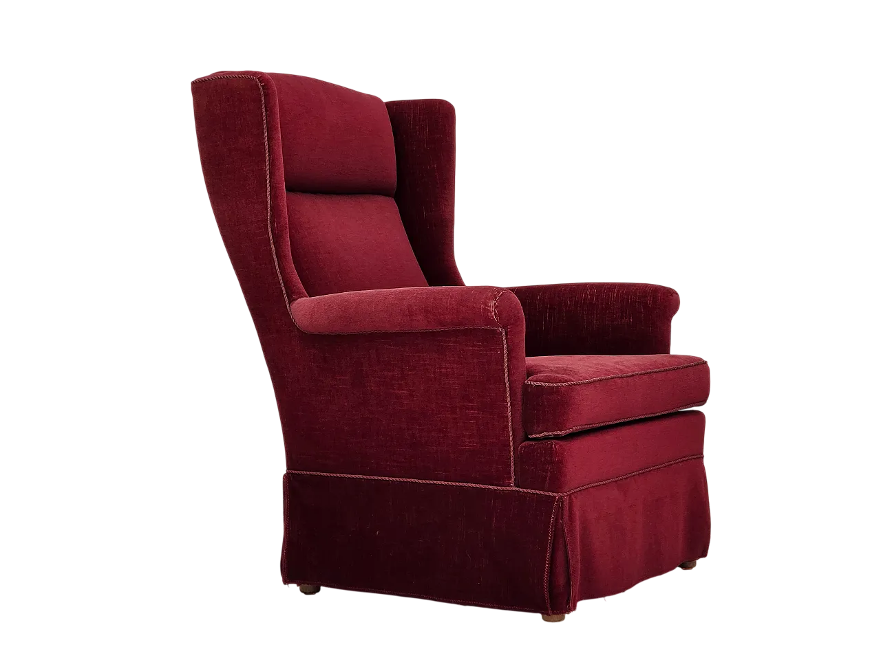 Danish highback chair, cherry-red velour, ash wood, 1970s 18