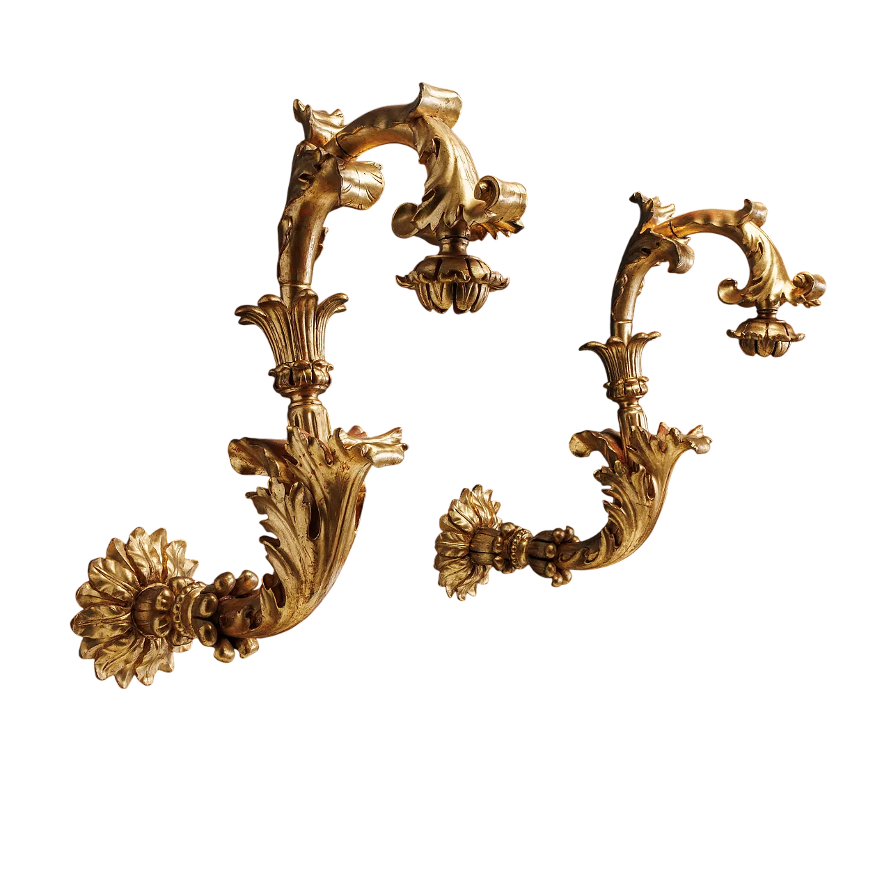 Coppia di portalampade barocchi in legno dorato, '700 8