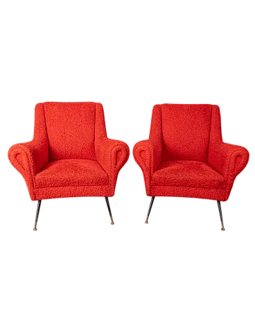 Coppia di poltrone in tessuto rosso, anni '50