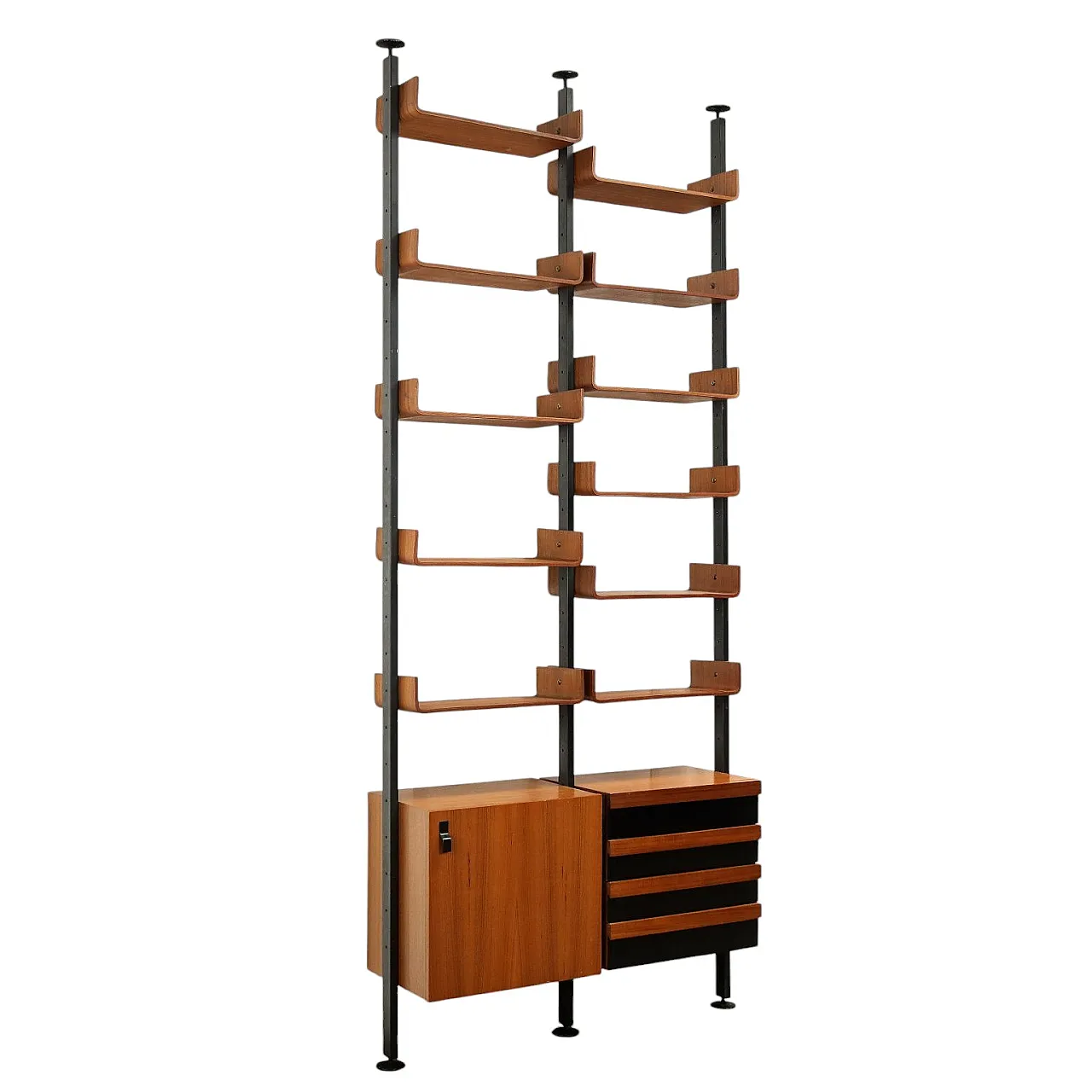 Vintage ceiling to floor bookcase in laminate teak and metal, 1960s 1