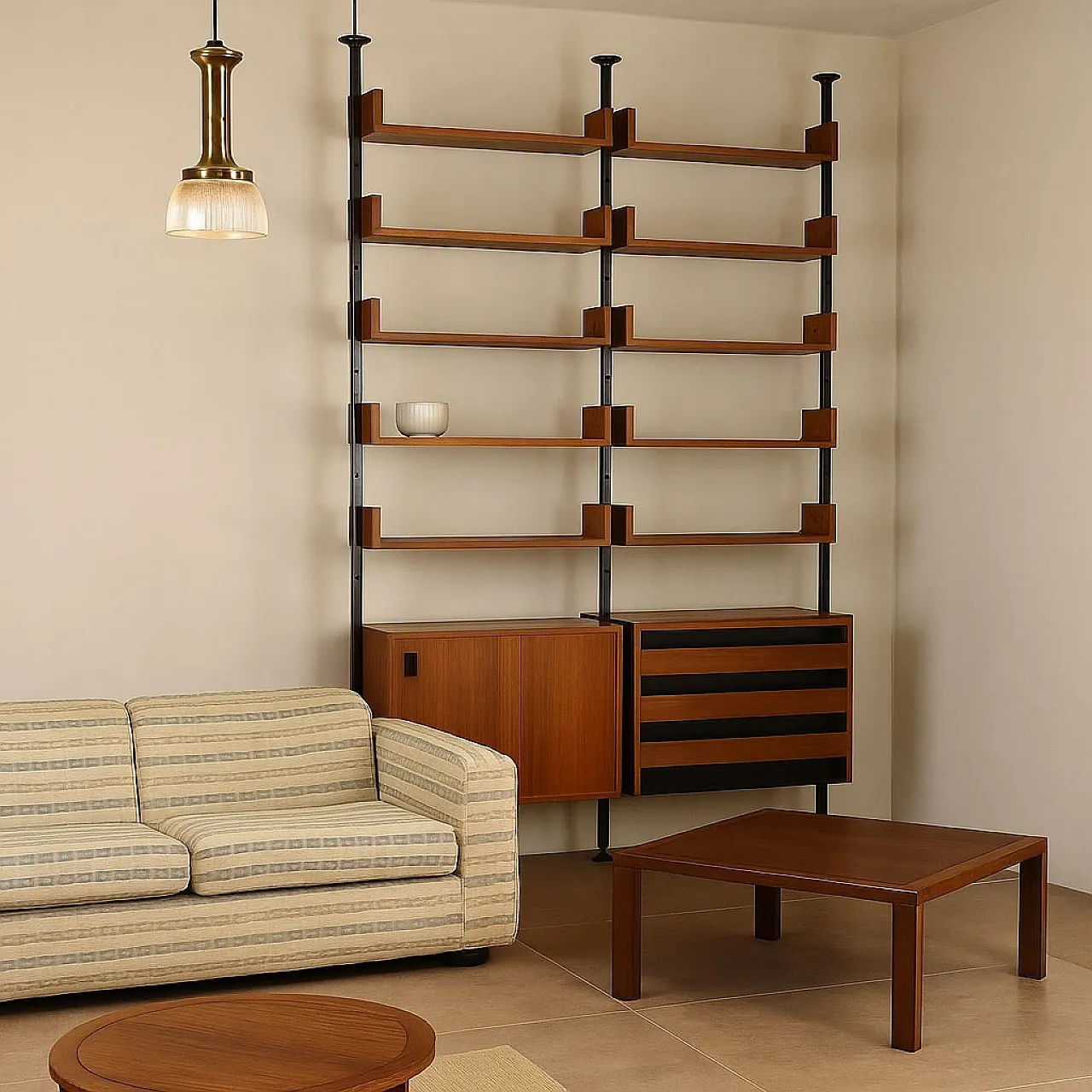 Vintage ceiling to floor bookcase in laminate teak and metal, 1960s 2