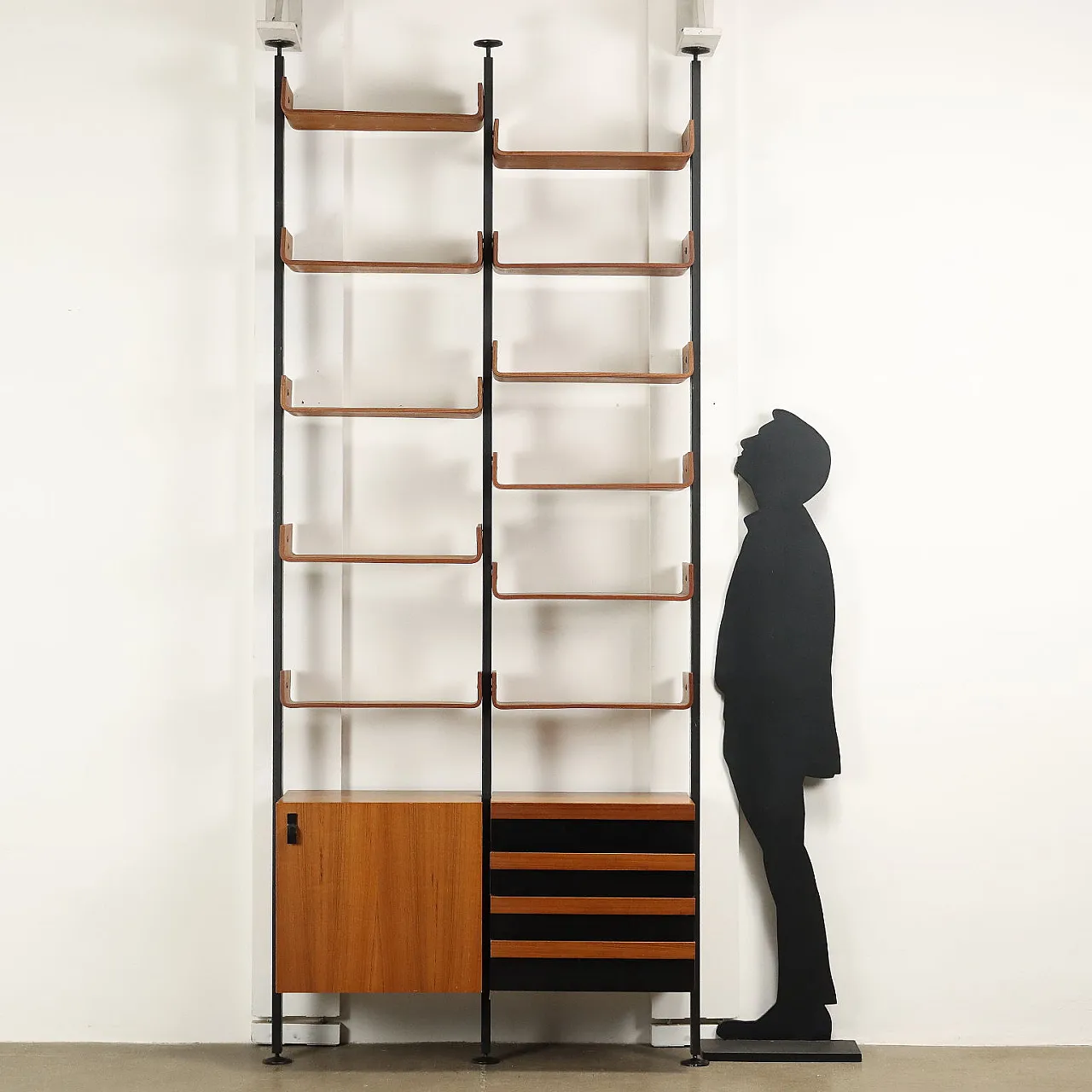 Vintage ceiling to floor bookcase in laminate teak and metal, 1960s 3