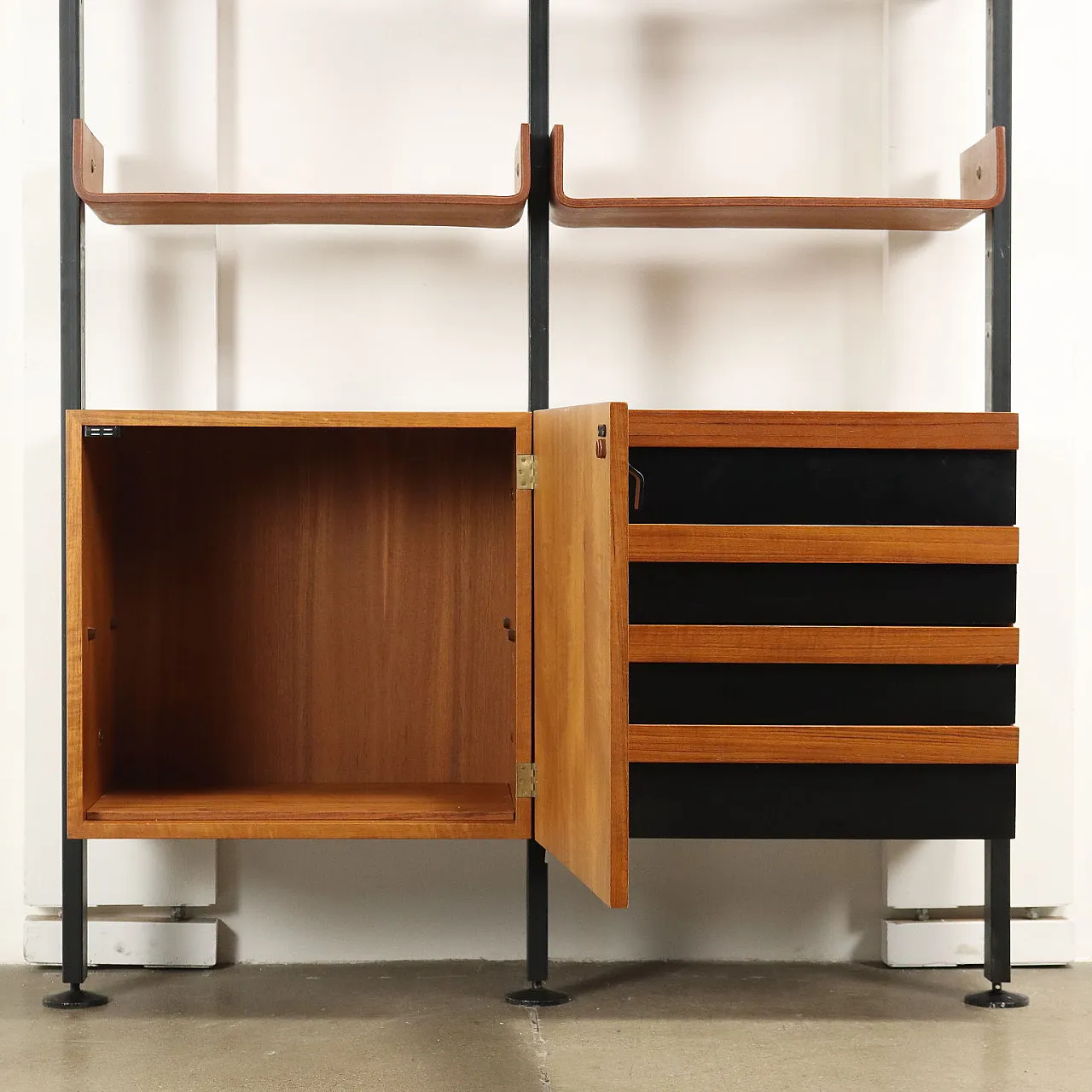 Vintage ceiling to floor bookcase in laminate teak and metal, 1960s 4