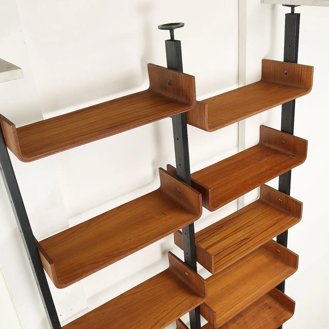 Vintage ceiling to floor bookcase in laminate teak and metal, 1960s 9