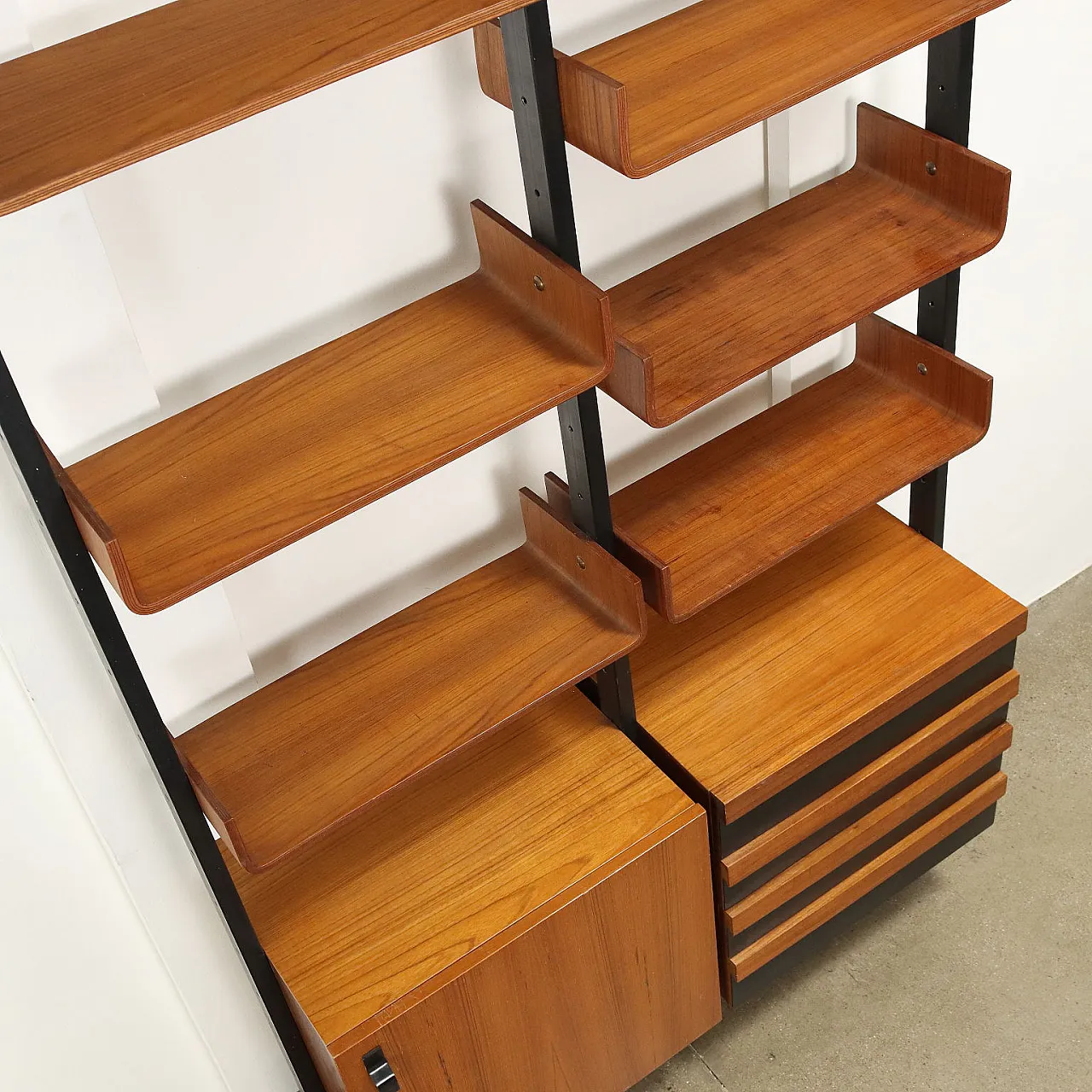 Vintage ceiling to floor bookcase in laminate teak and metal, 1960s 10