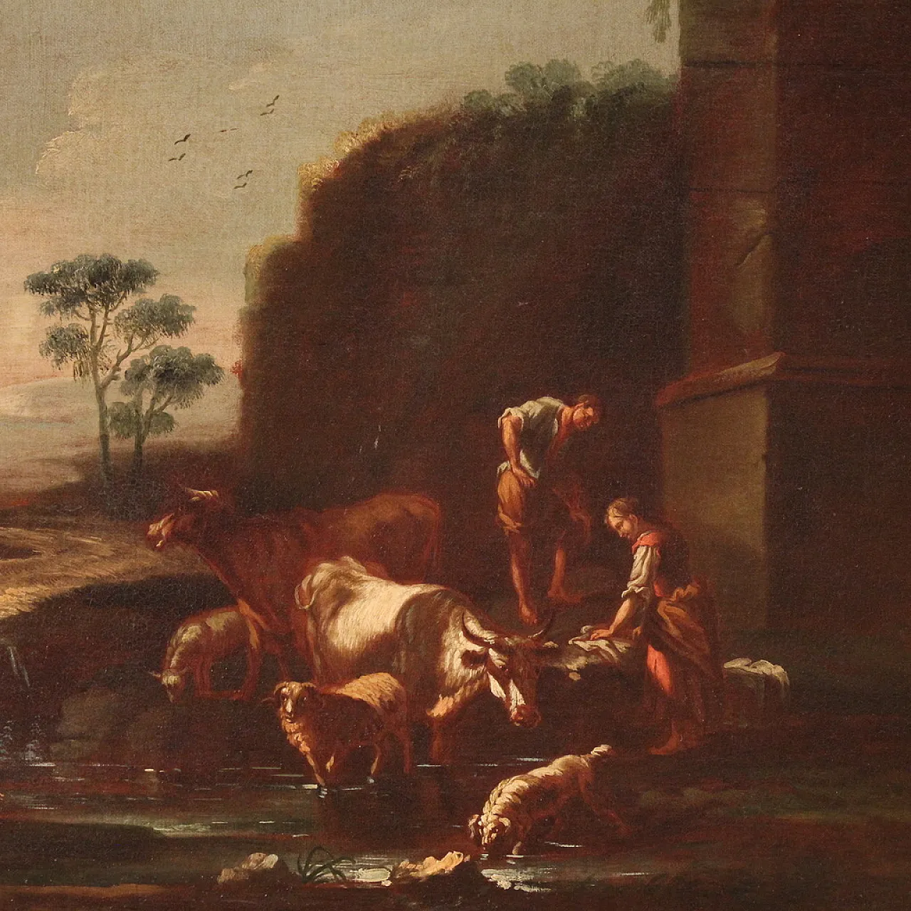Paesaggio con scena pastorale, olio su tela, scuola romana, '600 1