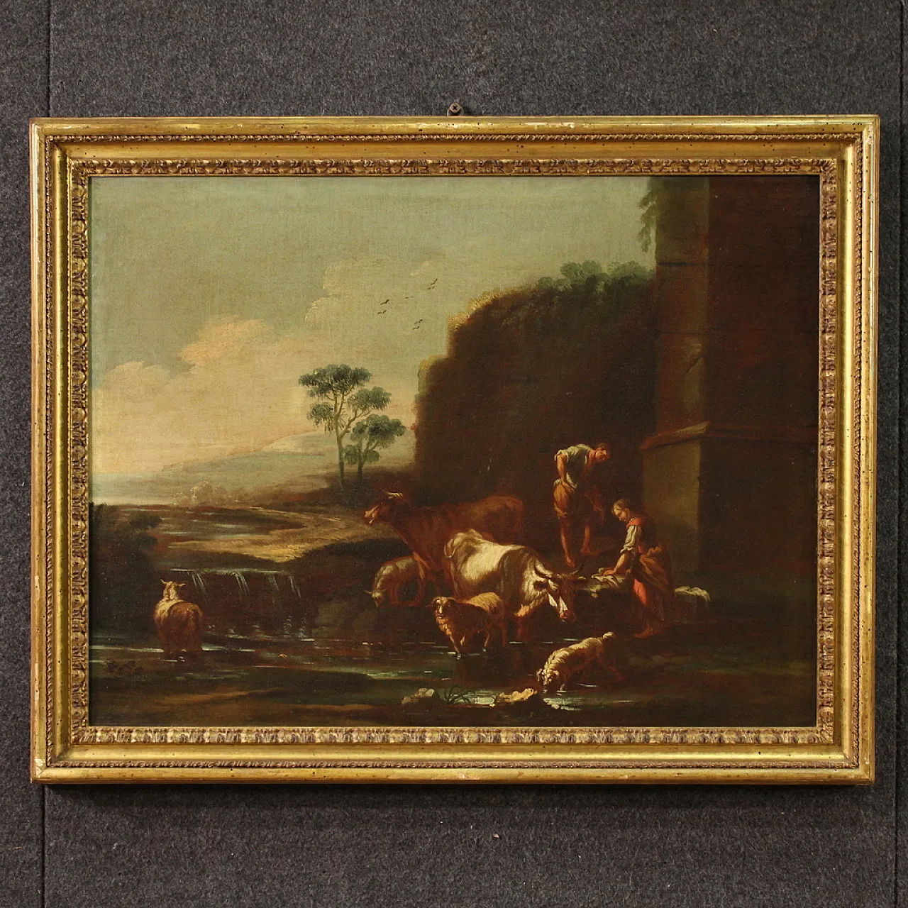 Paesaggio con scena pastorale, olio su tela, scuola romana, '600 2