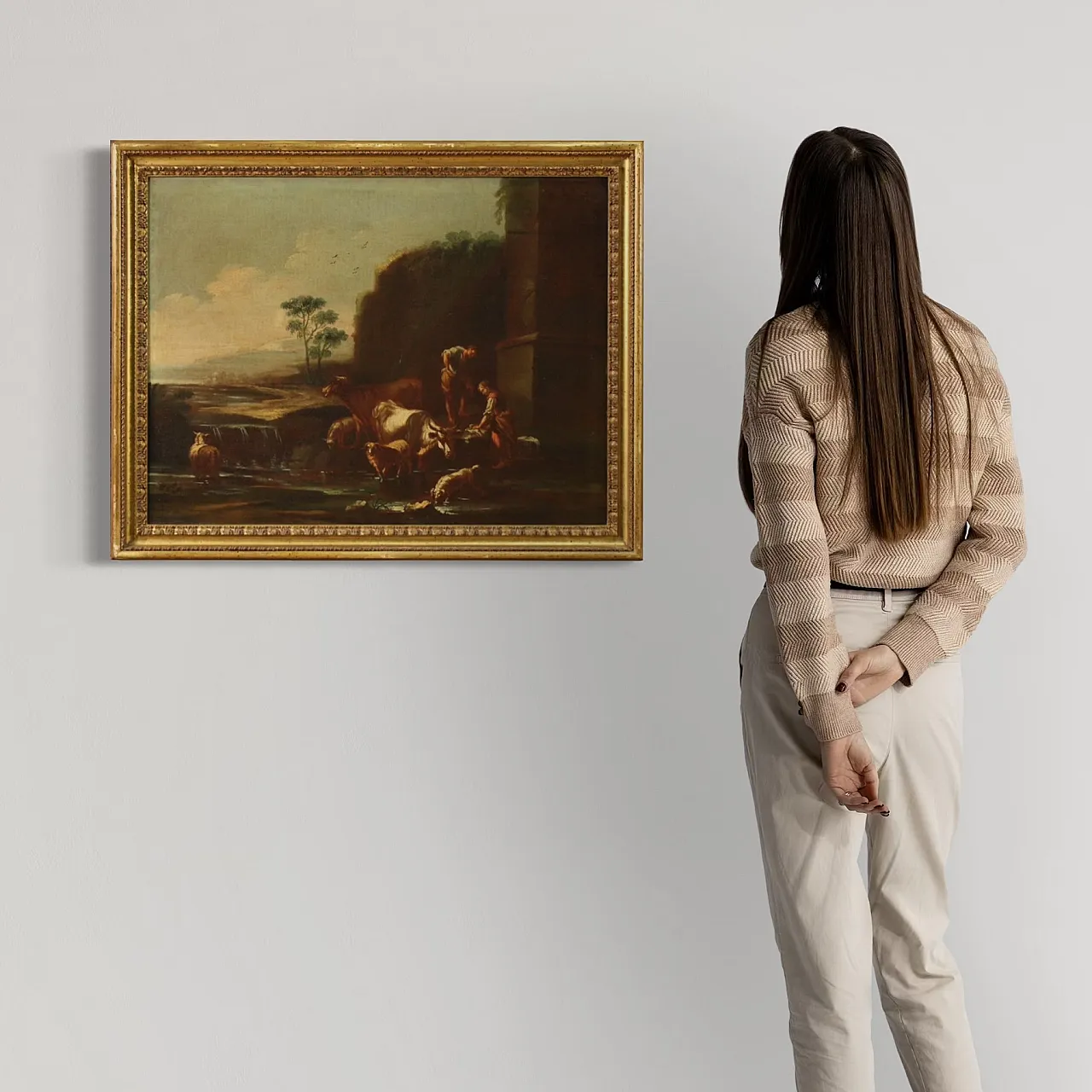 Paesaggio con scena pastorale, olio su tela, scuola romana, '600 3