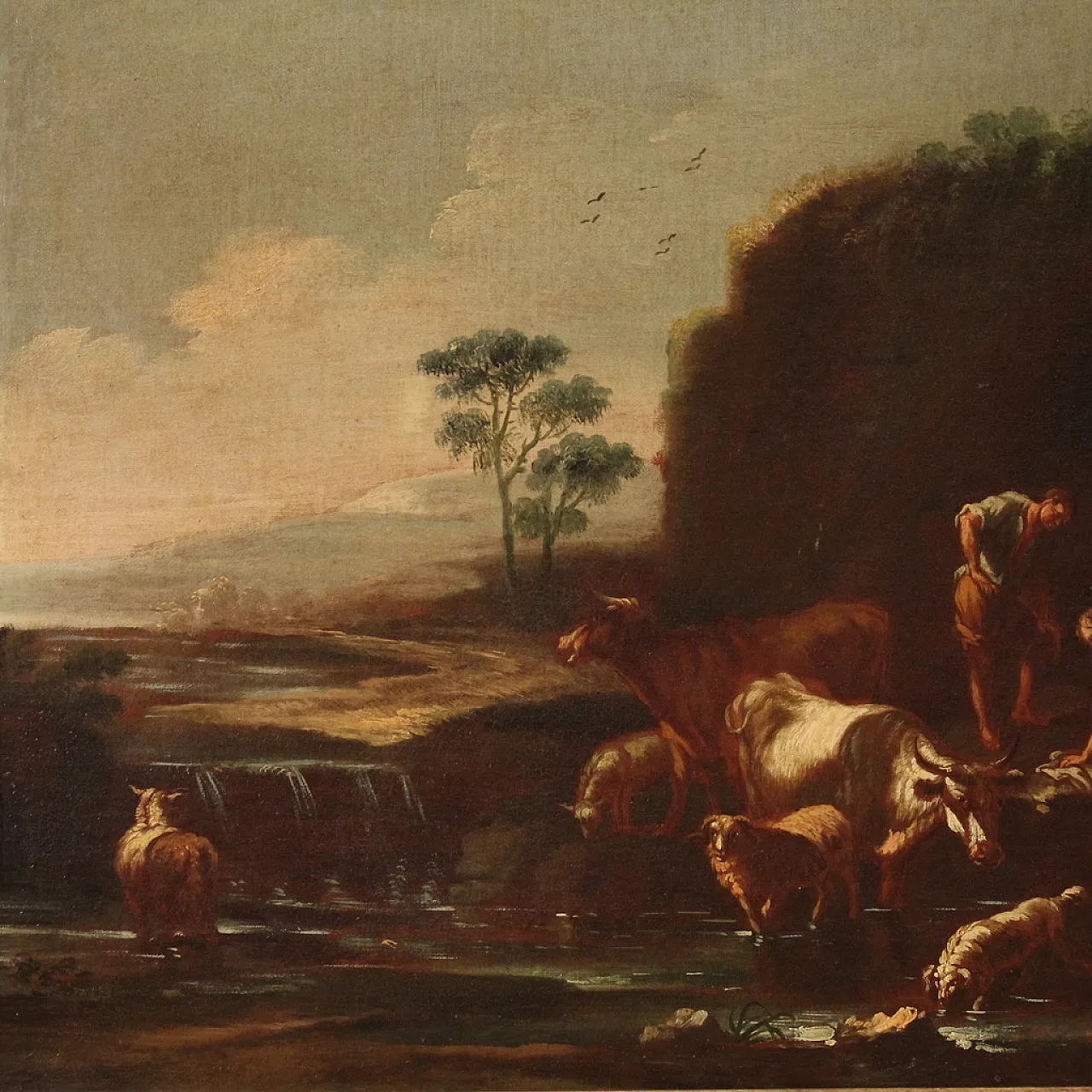 Paesaggio con scena pastorale, olio su tela, scuola romana, '600 4