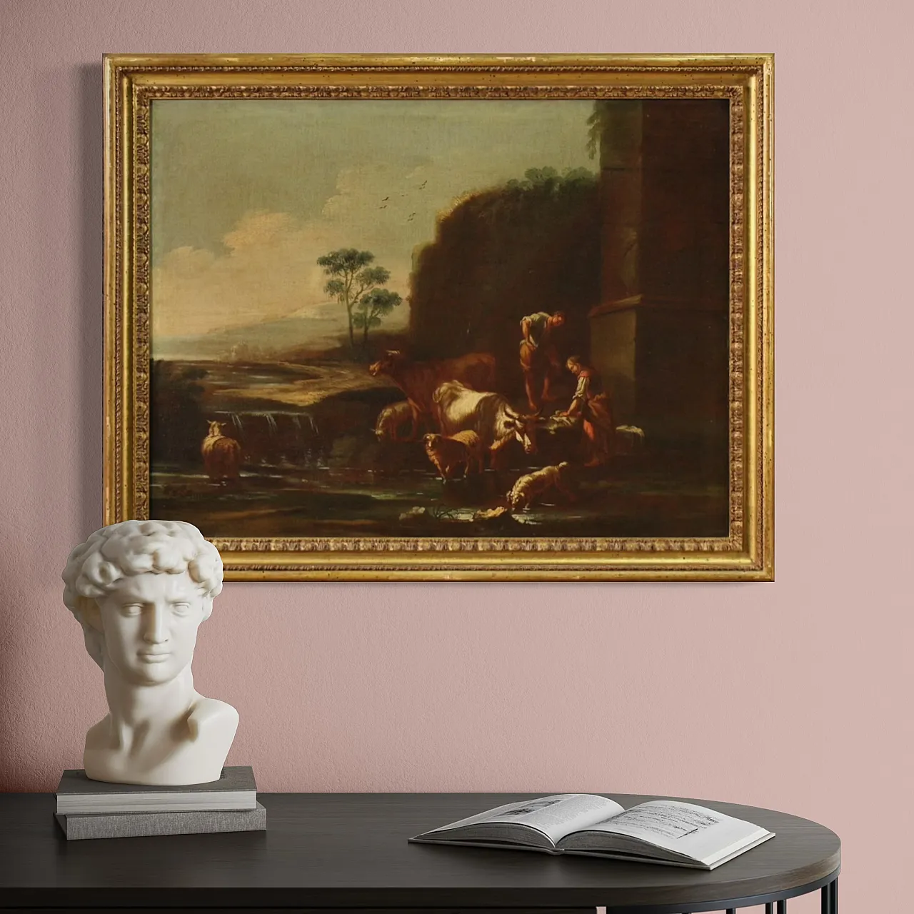 Paesaggio con scena pastorale, olio su tela, scuola romana, '600 5