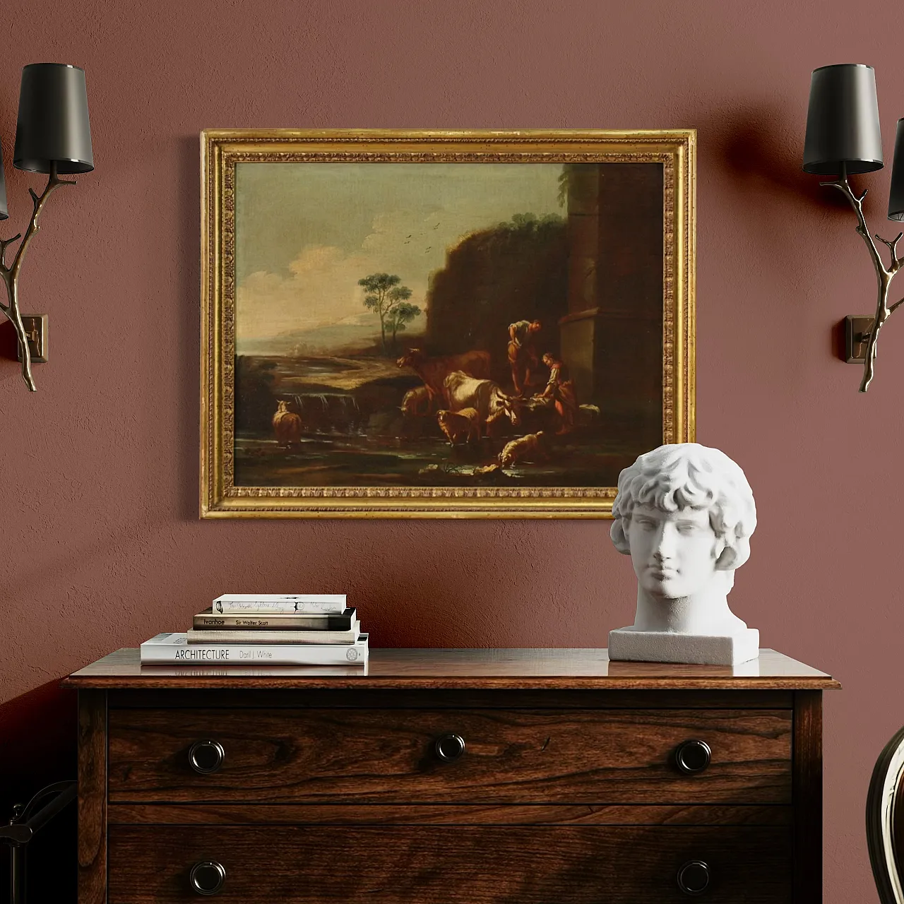 Paesaggio con scena pastorale, olio su tela, scuola romana, '600 13