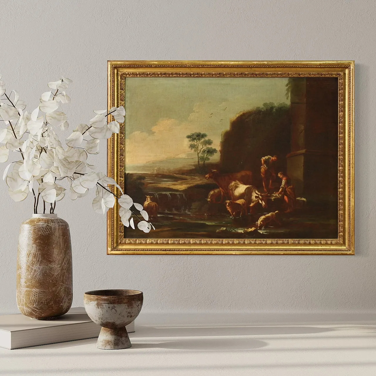 Paesaggio con scena pastorale, olio su tela, scuola romana, '600 14