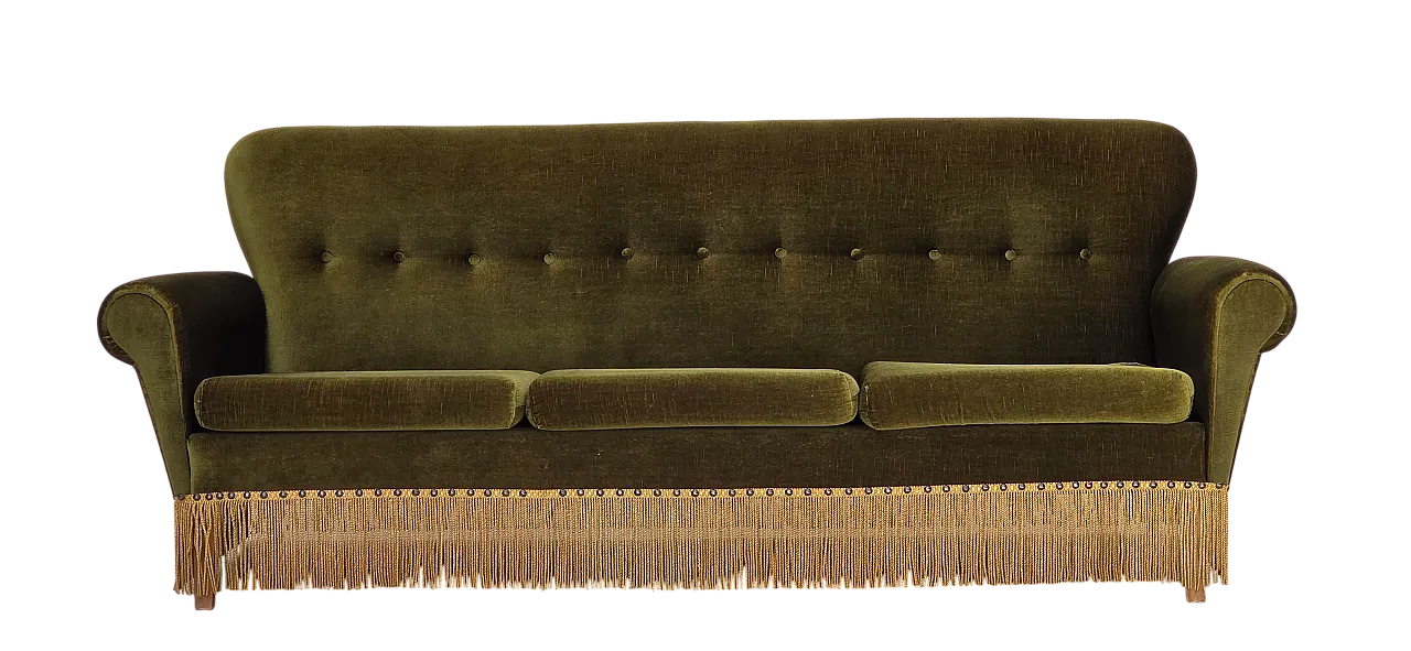 1970s, Danish 3-seater sofa, green furniture velour, ash wood legs. 20