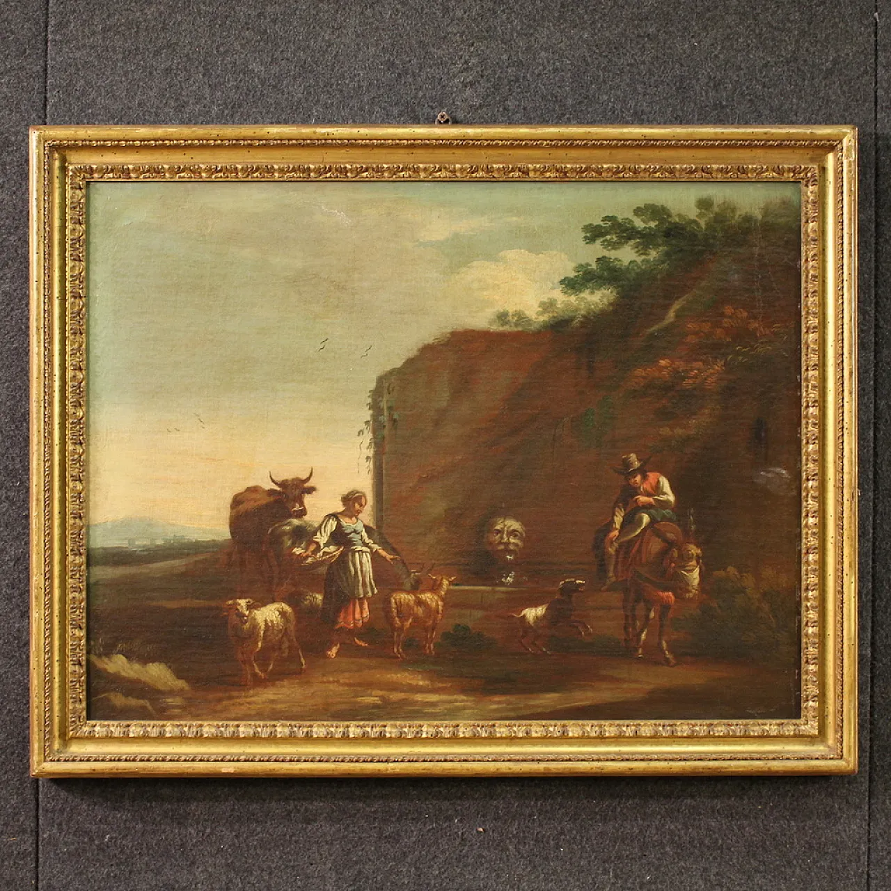 Bucolic landscape painting figures, pastoral scene,  17th century 1