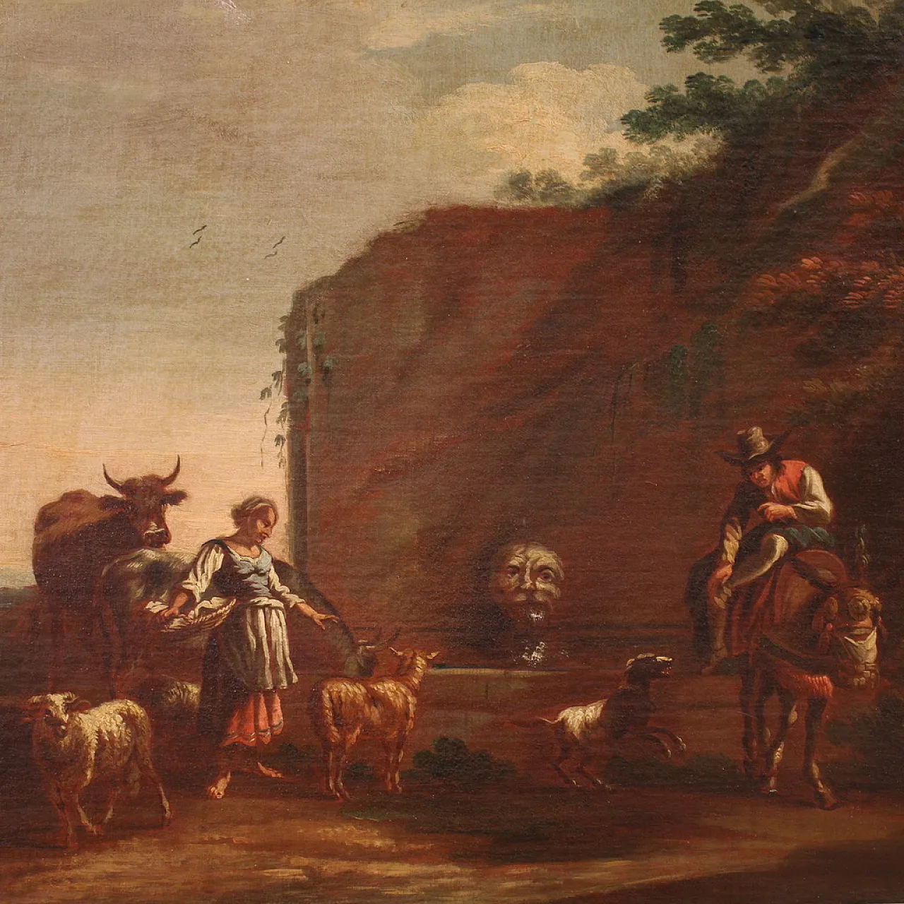 Bucolic landscape painting figures, pastoral scene,  17th century 2