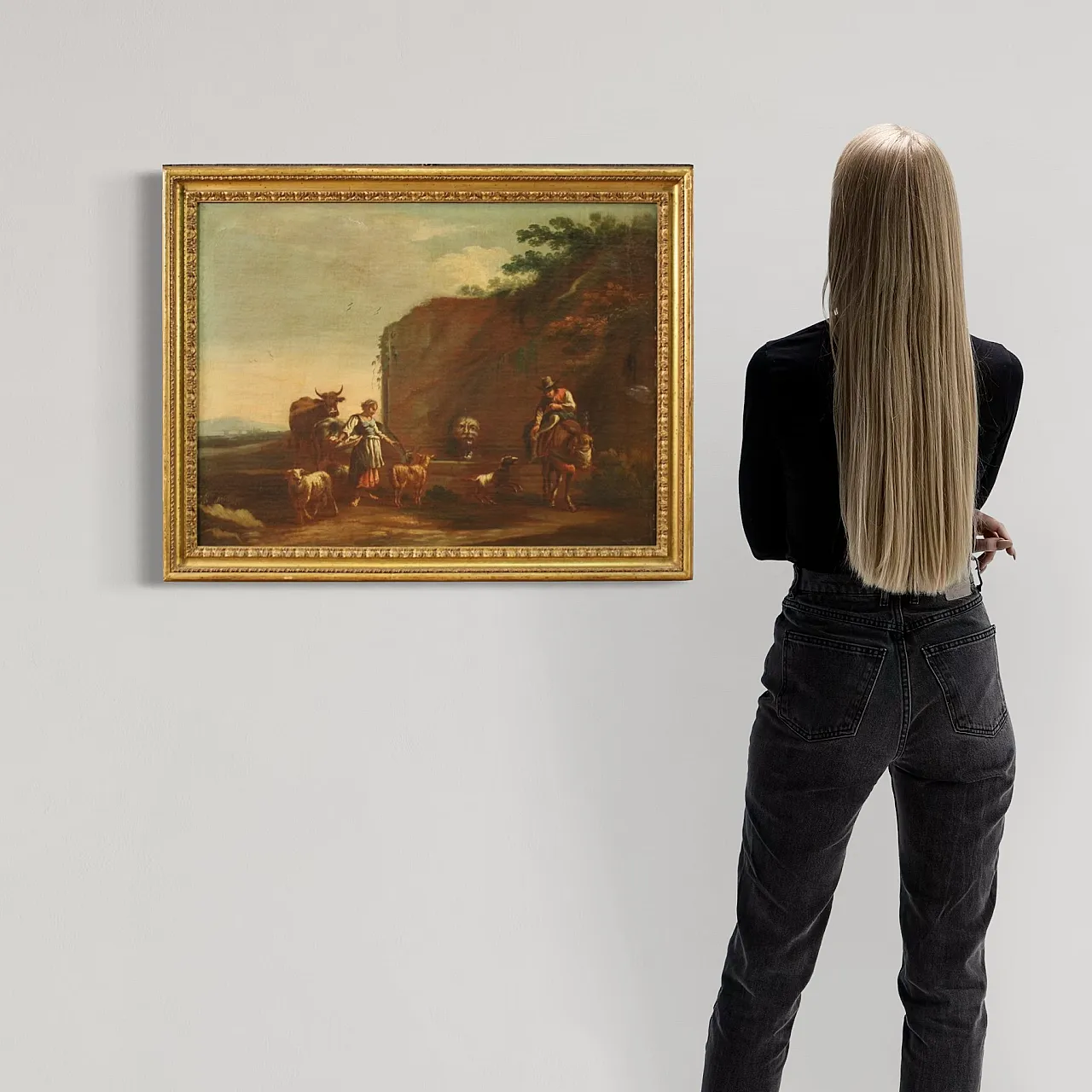 Bucolic landscape painting figures, pastoral scene,  17th century 3