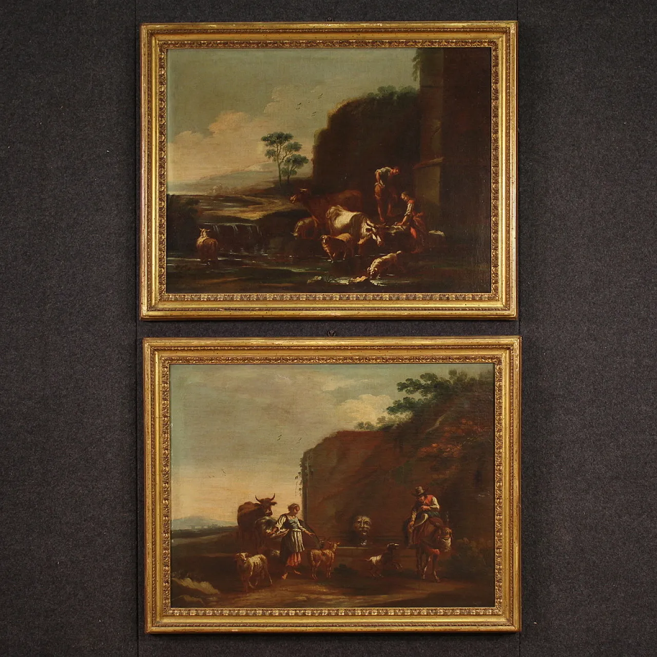 Bucolic landscape painting figures, pastoral scene,  17th century 4