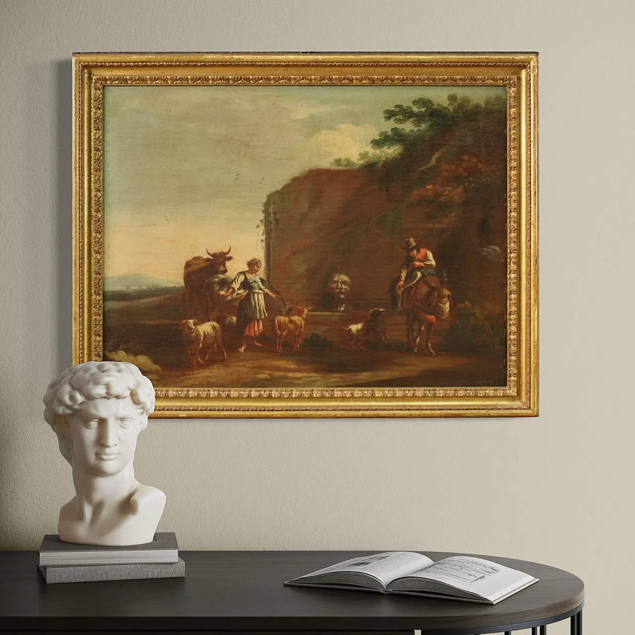 Bucolic landscape painting figures, pastoral scene,  17th century 5