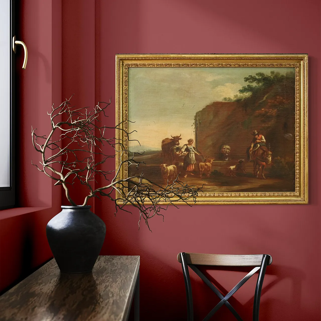 Bucolic landscape painting figures, pastoral scene,  17th century 13