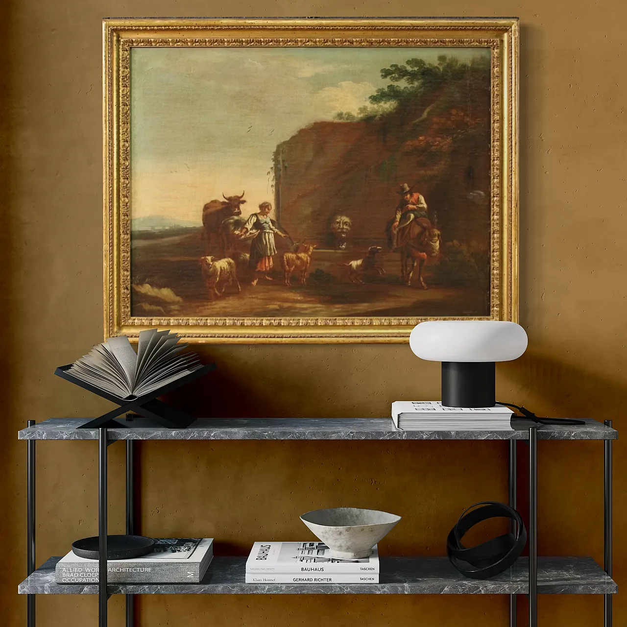 Bucolic landscape painting figures, pastoral scene,  17th century 14