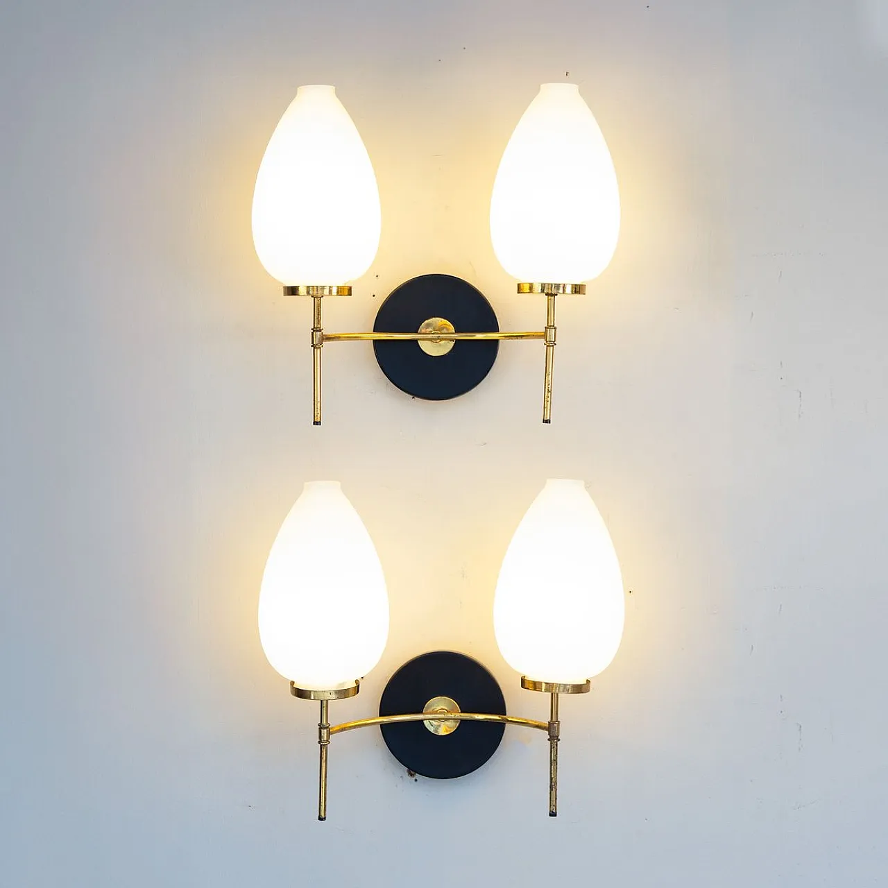 Pair of Glass and Brass Wall Lamps, 1950s 2