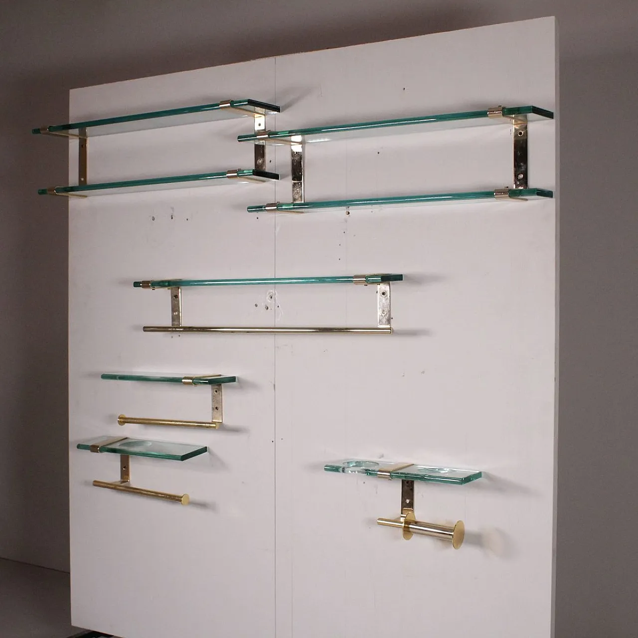 6 Glass and Brass Bathroom Set in the style of Fontana Arte, 70s 1
