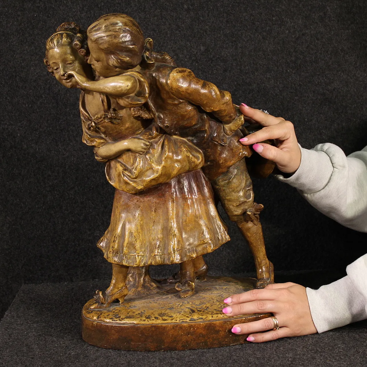 Terracotta sculpture, gallant scene, mid-20th century 2