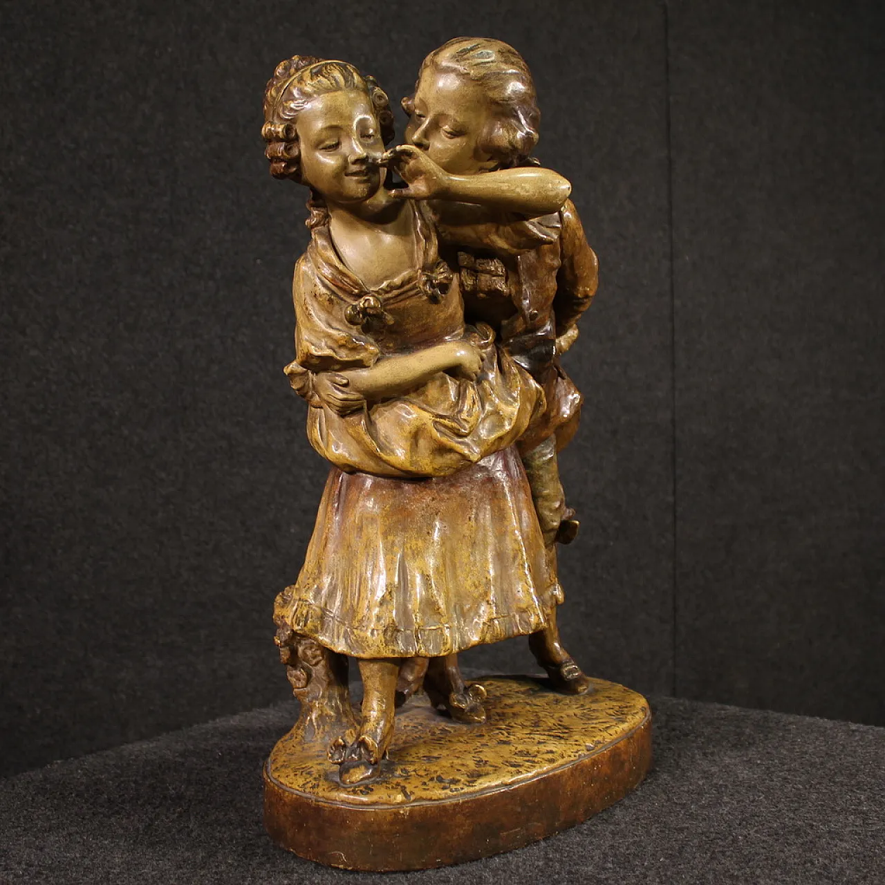 Terracotta sculpture, gallant scene, mid-20th century 3