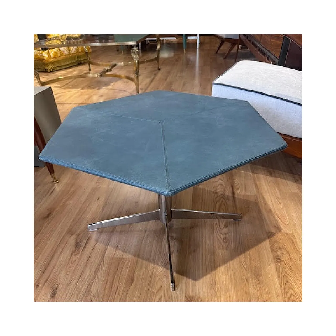 Hexagonal coffee table in steel, wood and leather, 1980s 1