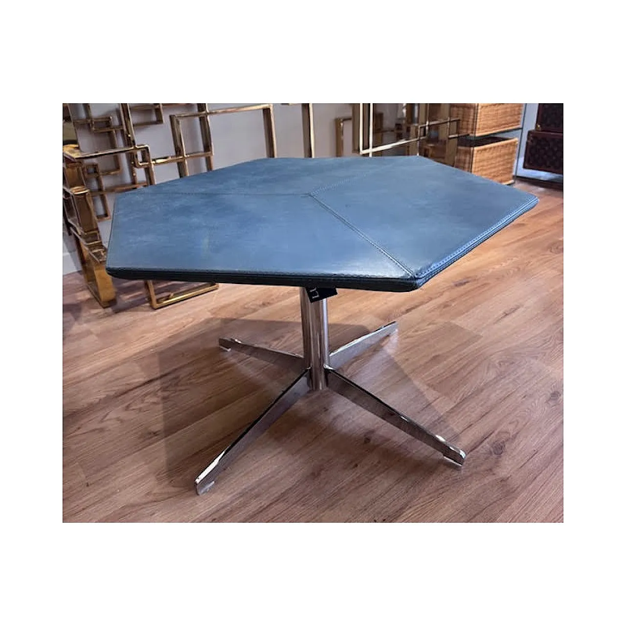 Hexagonal coffee table in steel, wood and leather, 1980s 2
