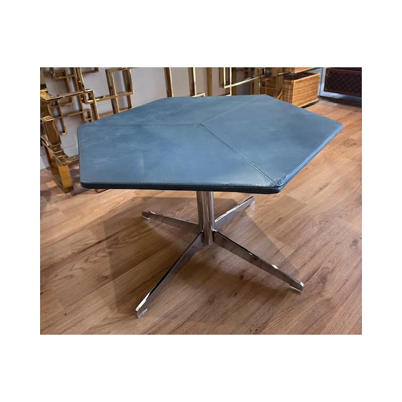 Hexagonal coffee table in steel, wood and leather, 1980s 3