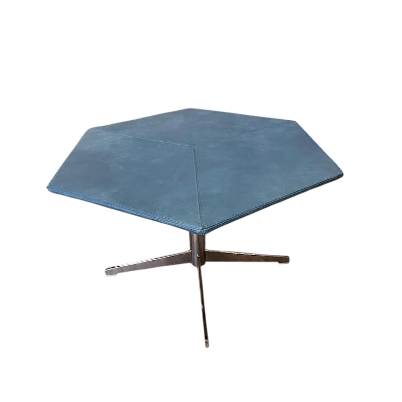 Hexagonal coffee table in steel, wood and leather, 1980s 6