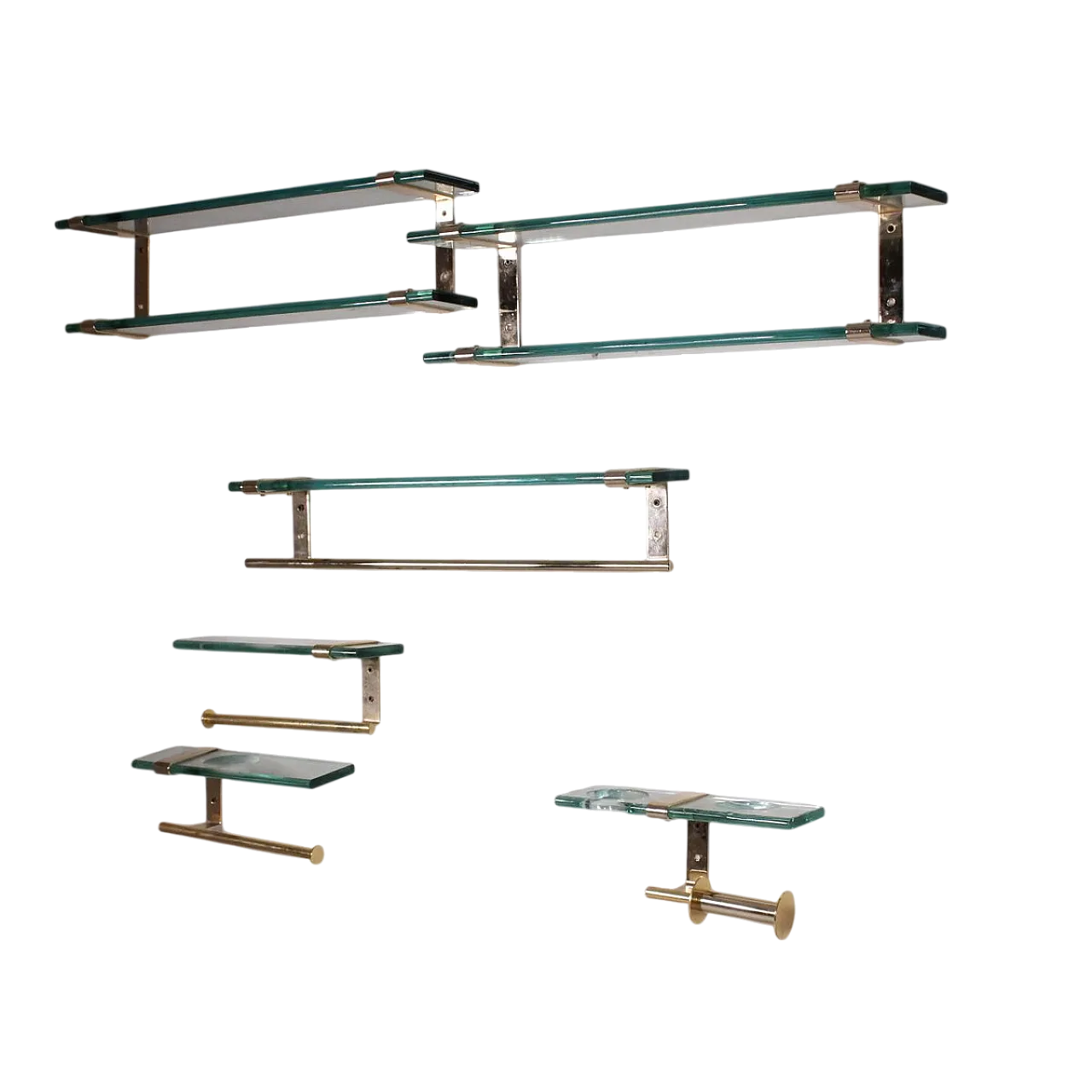 6 Glass and Brass Bathroom Set in the style of Fontana Arte, 70s 8