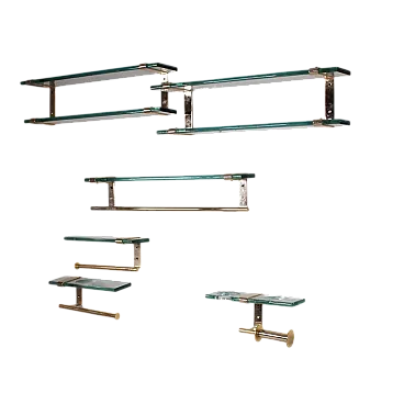 6 Glass and Brass Bathroom Set in the style of Fontana Arte, 70s