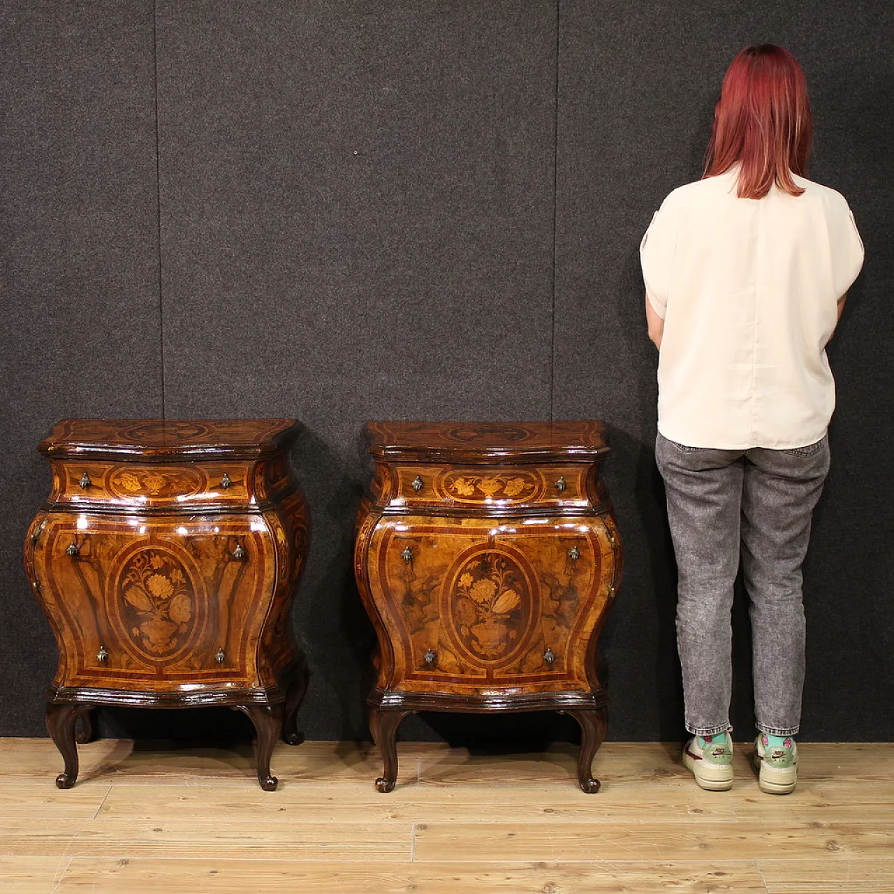 Coppia di comodini lombardi intarsiati in stile Luigi XV, '900 2