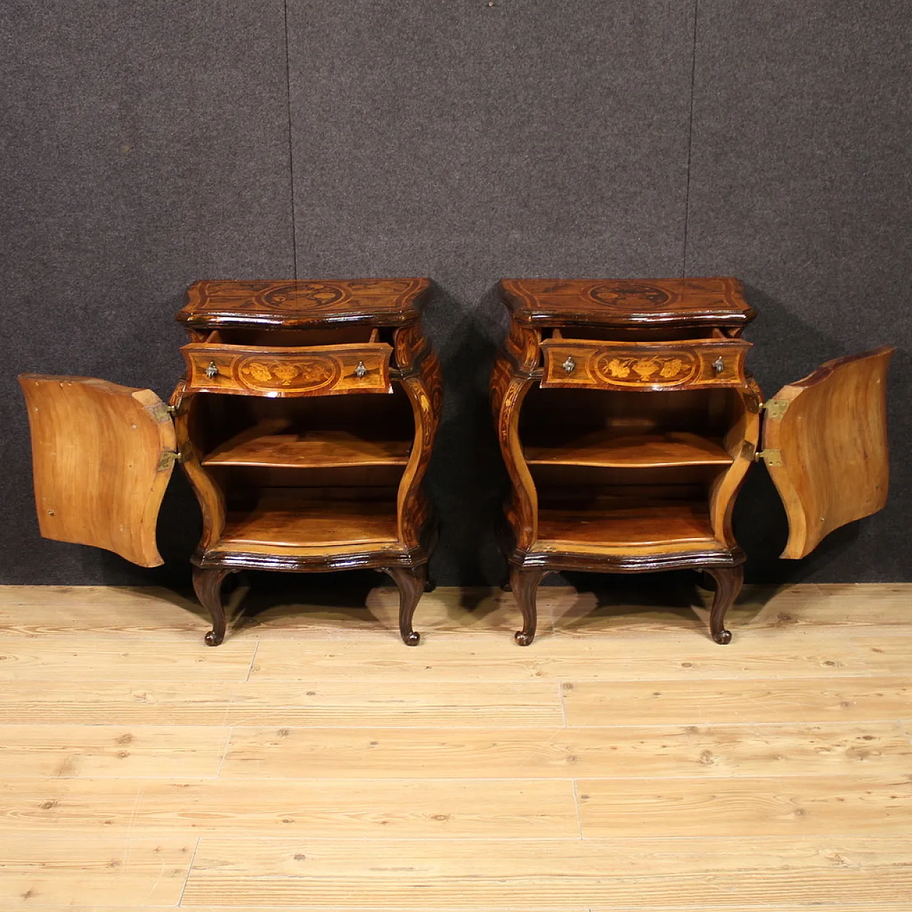 Coppia di comodini lombardi intarsiati in stile Luigi XV, '900 3